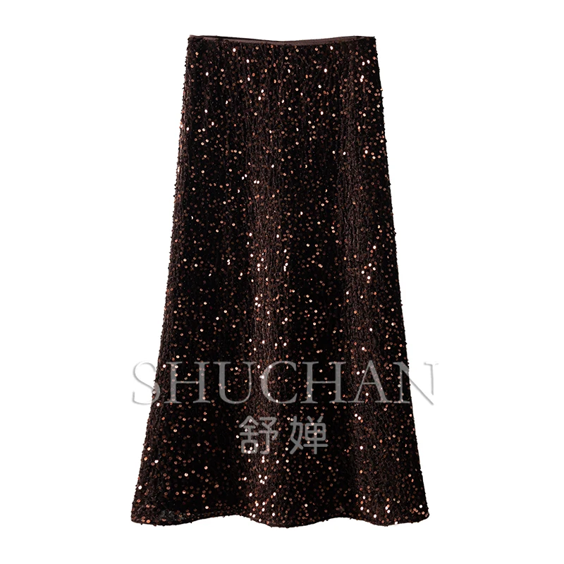 Brightest Elastic High-waisted Sequined Velvet A-shaped Skirt Women Long Skirts for Women  POLYESTER