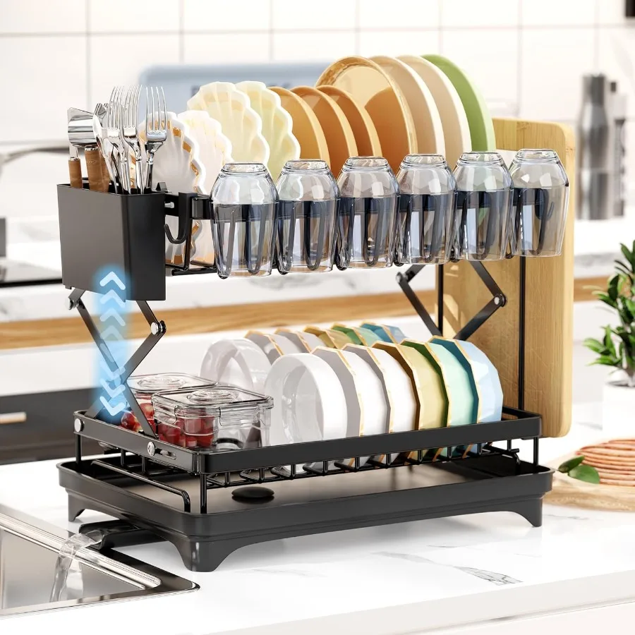 

Dish Drying Rack Collapsible Rustproof 2 Tier Dish Rack with Drainboard Wine Glass Holder Utensil Holder Dish Racks for Kitchen
