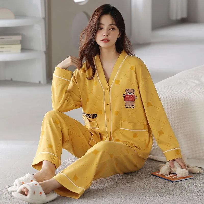 Spring Autumn Pure Cotton Pajamas Women Long-Sleeved Trousers Sleepwear Two-Piece Set Casual Sweet V-neck Student Homewear Suit