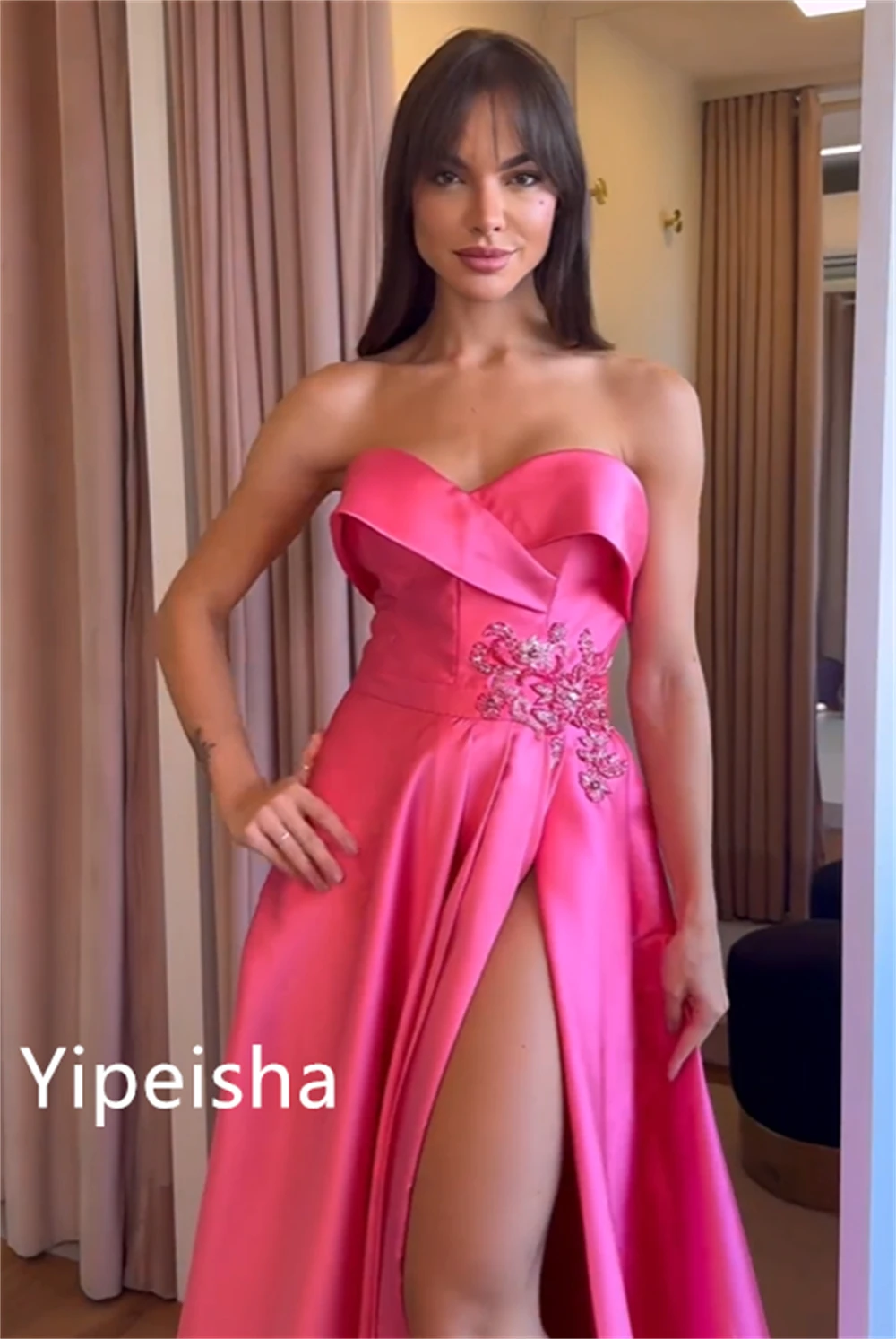 Yipeisha Retro Simple Strapless Ball gown Cocktail Evening Flowers  Sequin Fold  Satin Celebrity Dresses