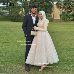 Xijun Modest Lace Long Wedding Dresses Full Sleeves Pearls Muslim Prom Dresses O-Neck Ankle Length Beads Prom Gowns Customized