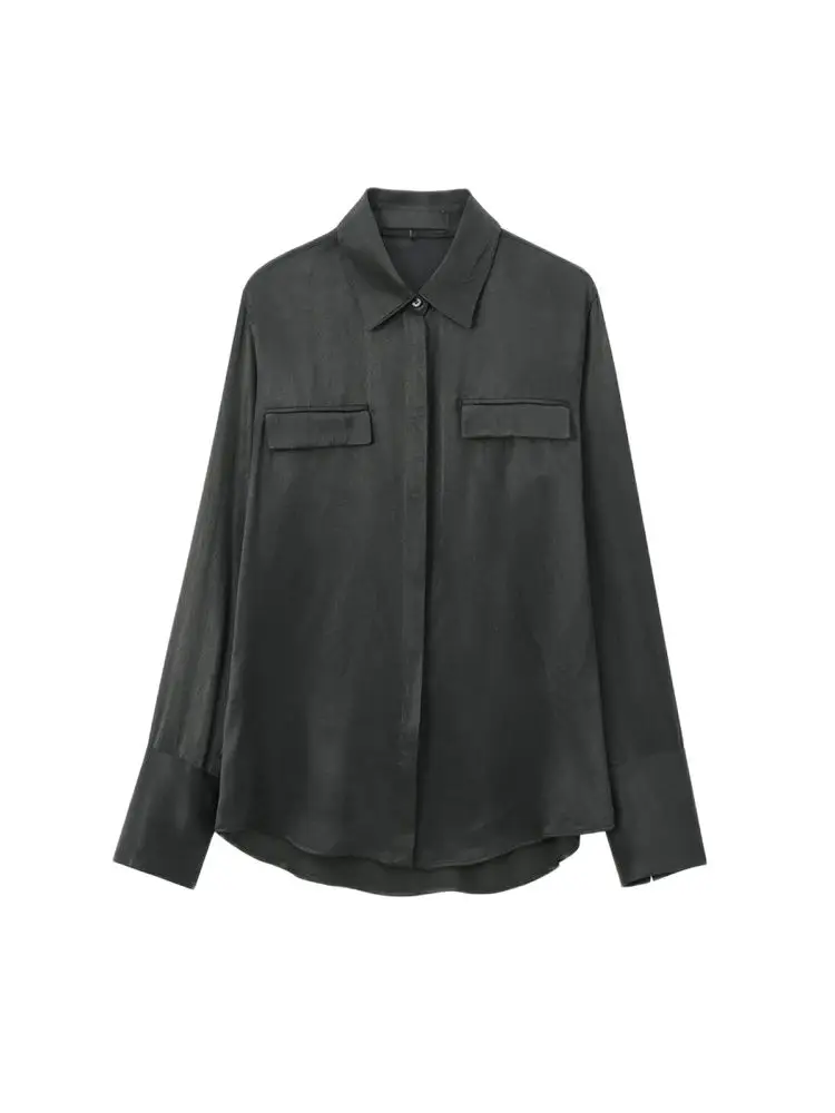 Satin Shirts with Pockets for Women, Long Sleeve, Button-up, Female Blouses, Chic Tops, Fashion