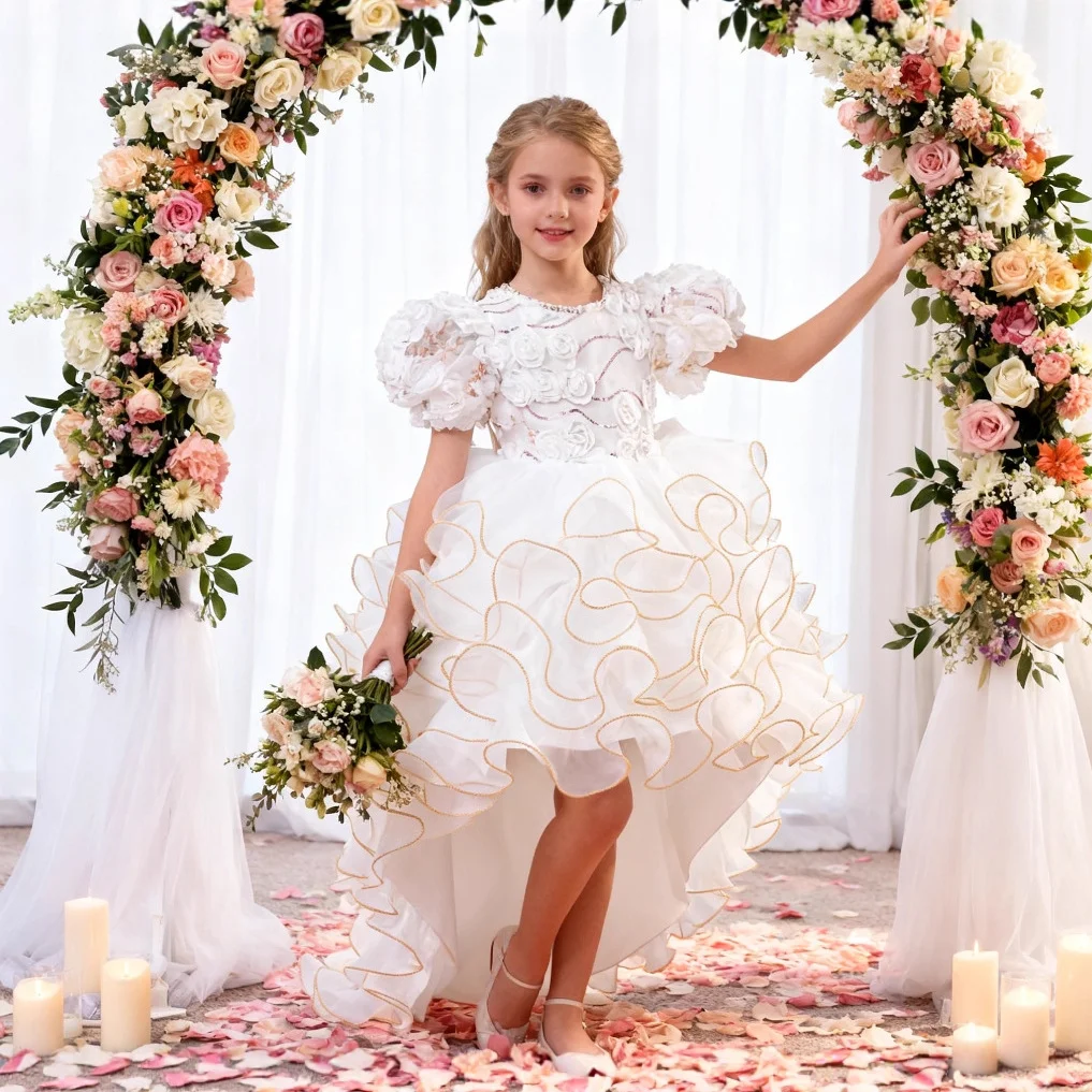 Elegant Girl puff sleeves Train Princess Dress Gorgeous pink Flower Wedding girl dress Christmas Communion Ball  Carnival Cake D