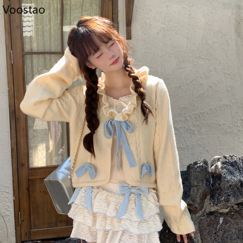 Japanese Sweet Lolita Knitted Cardigan Autumn Winter Women Kawaii Ruffles Collar Bow Sweater Crop Coat Girls Cute Knitwear Tops