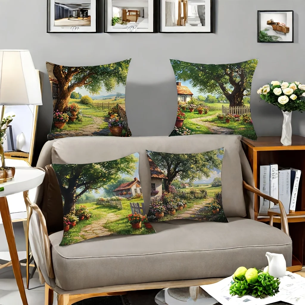 4-piece creative pillowcase set featuring Spring Festival scenes suitable for living room sofas and bedrooms insert not included