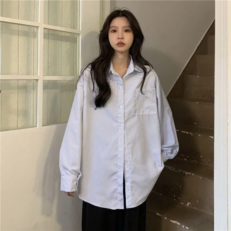 GIDYQ Fashion Women Stripe Shirt Elegant Korean Pocket Loose Long Sleeve Tops Casual Female All Match Streetwear Shirts New