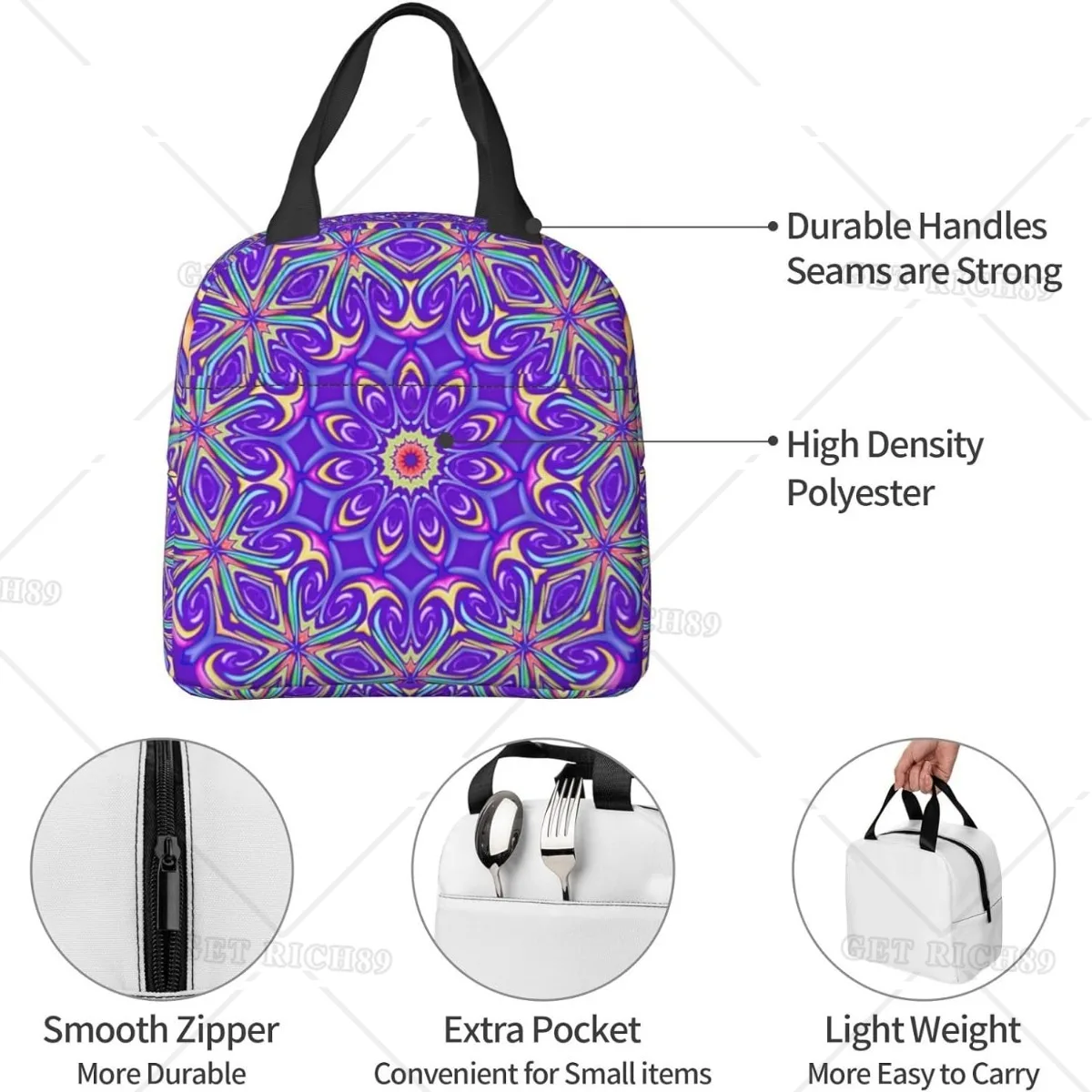 Mandala in Purple and Pink Lunch Bag for Kids Insulated Waterproof Tote Bag Reusable Lunch Box Food Carrying Bento Handbag Work