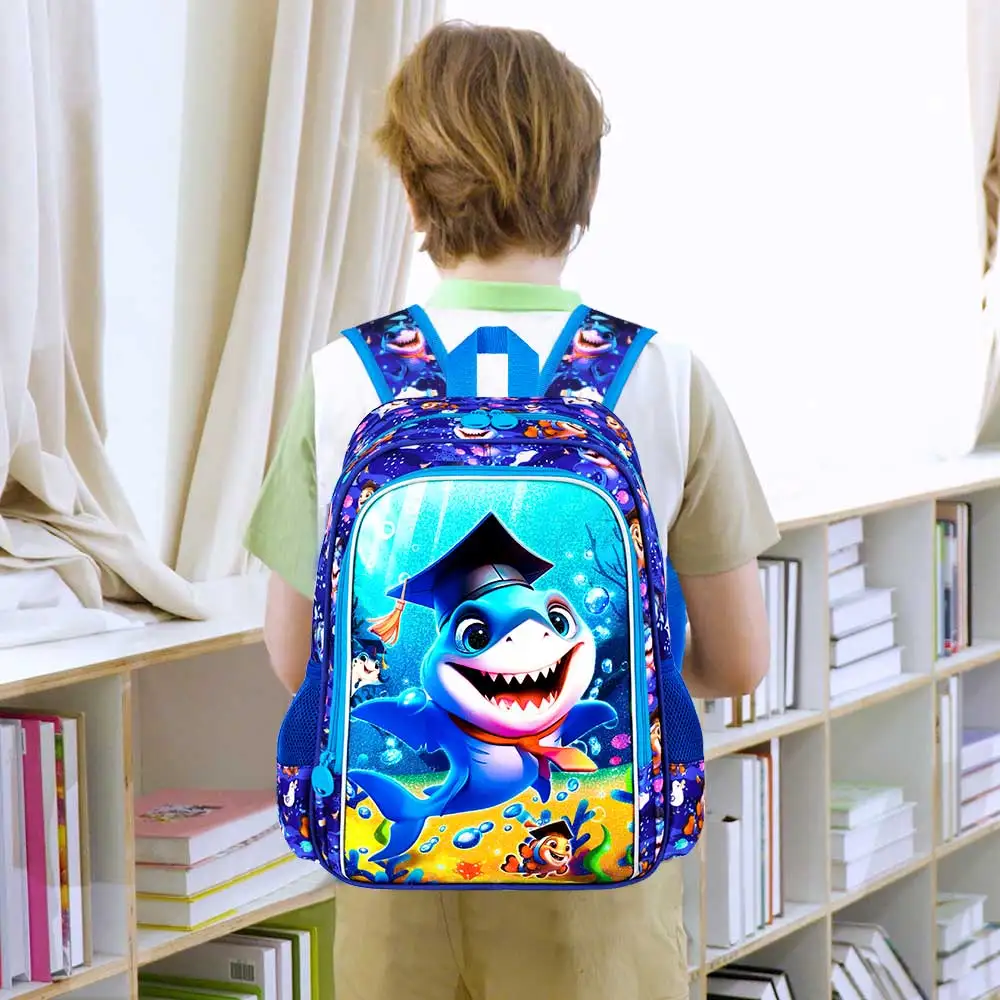 3 قطع حقائب ظهر للأولاد حقيبة كتب عاكسة لطيفة على شكل قرش للأطفال الابتدائية، مجموعة حقيبة ظهر للأطفال مع صندوق غداء