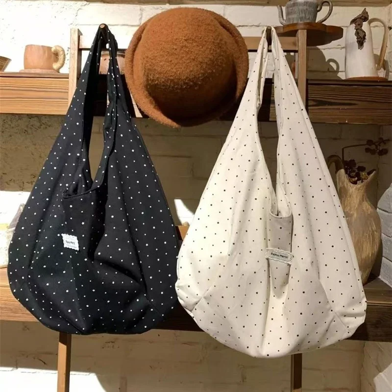 Korean Polka Dot Canvas Tote Bag Large Capacity Commuter Armpit Bag Women's Single Shoulder Bag Fashionable And Practical