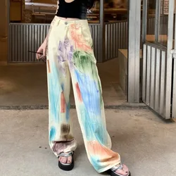 Women's 2024 Summer New England Camouflage Grunge Jeans High-waisted Loose Button Spliced Pockets Wide-leg Straight Casual Pants