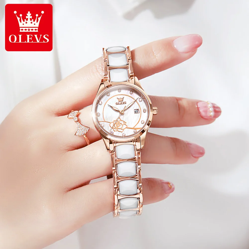 OLEVS 3606 Luxury Women Watch Camellia Quartz Japan Movement 30M Waterproof Watch For Women Ceramics Women Mechanical Watch