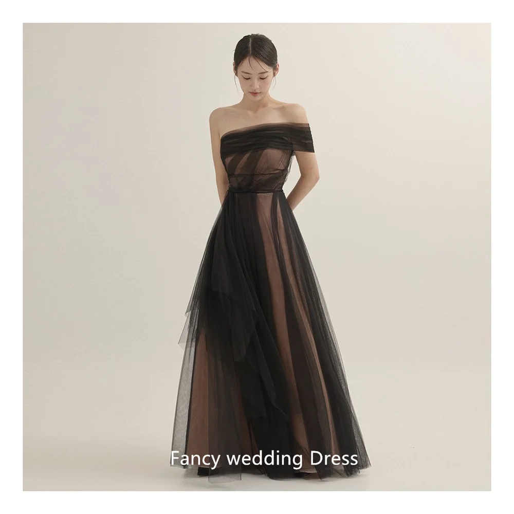 Fancy One Shoulder Fairy Black Evening Dresses Wedding Photo shoot Tulle Korea Party Formal Prom Gowns Corset Back customized