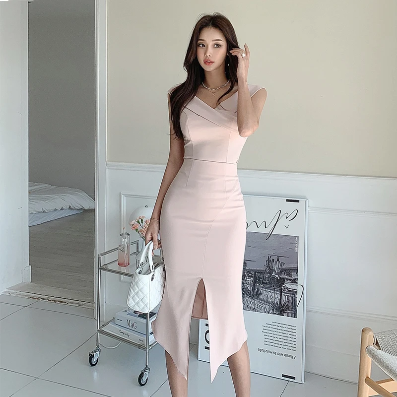 Formal Set Pink Cross V-neck Sleeveless Top + High Waist Split Fishtail Skirt 2023 Summer Slim Bodycon Office Lady Work Suit