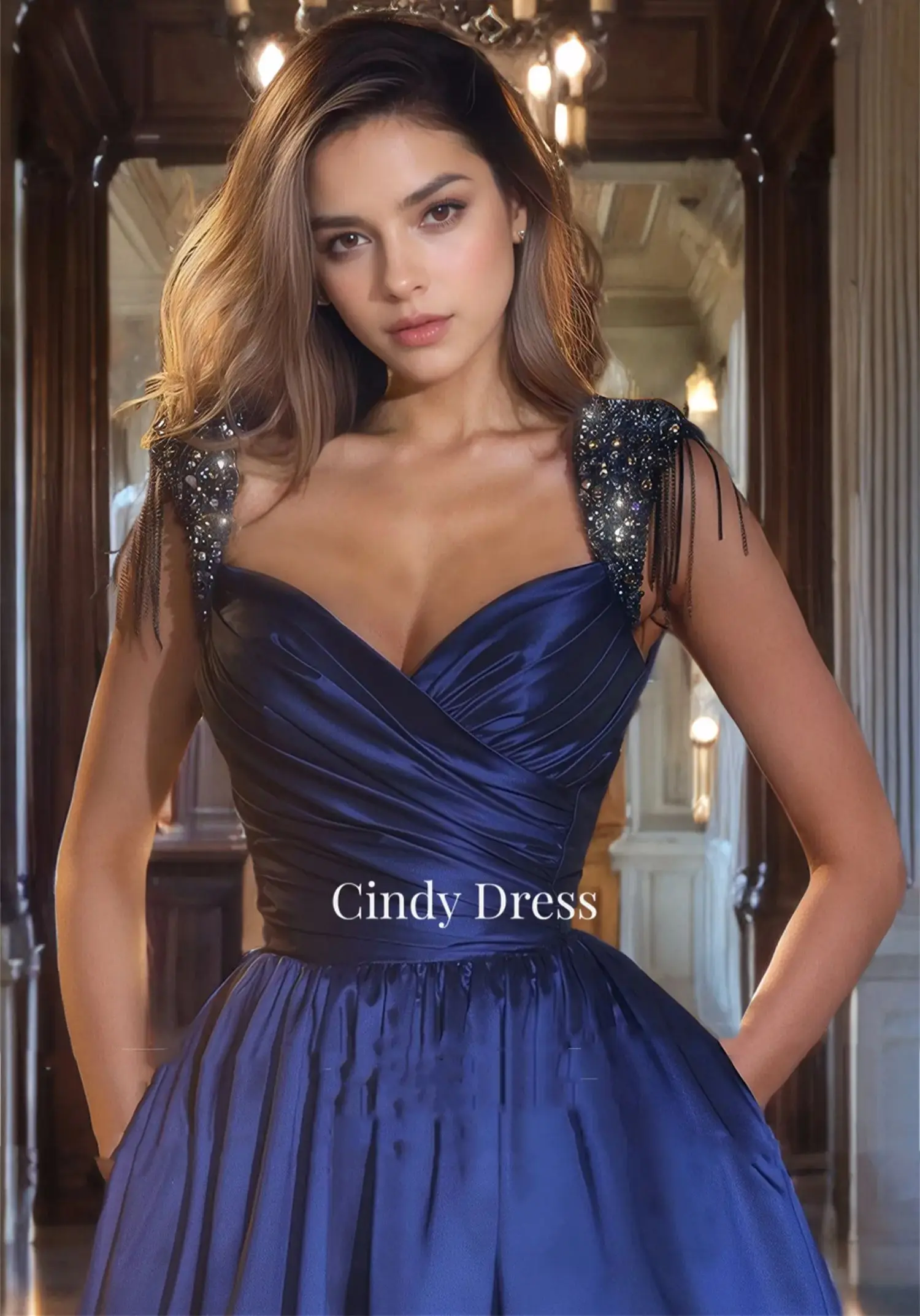 Shiny A-line Satin Navy Blue Chubby Elegant Party Dresses Customized for Wedding Evening Woman Gala Prom Dress Graduation Saudi