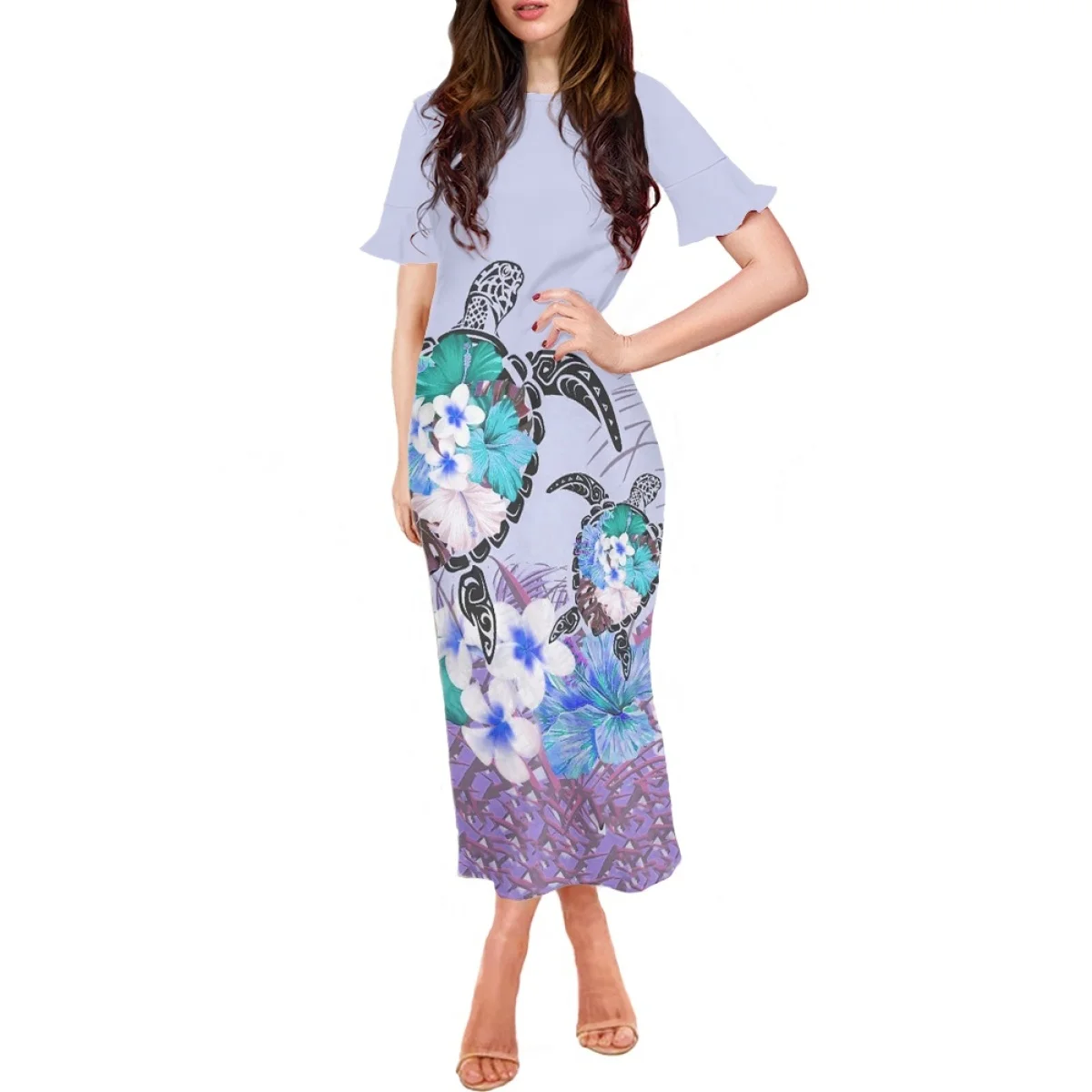 

HYCOOL Polynesian Turtle Floral Print Long Dress Women's Summer Elegant Casual Short-Sleeved Women's Pullover All-match Dress