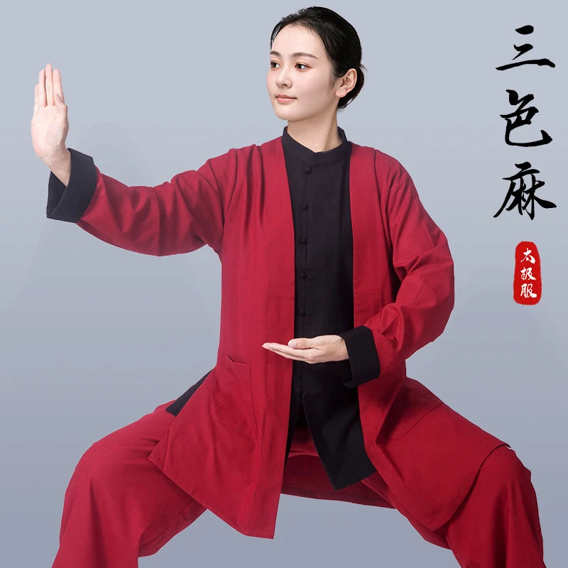 2026 New Tai Chi Suit Women High End Kung Fu Practice Ba Duan Jin Men Spring Autumn Winter Tri Color Linen Loose Set Outfit