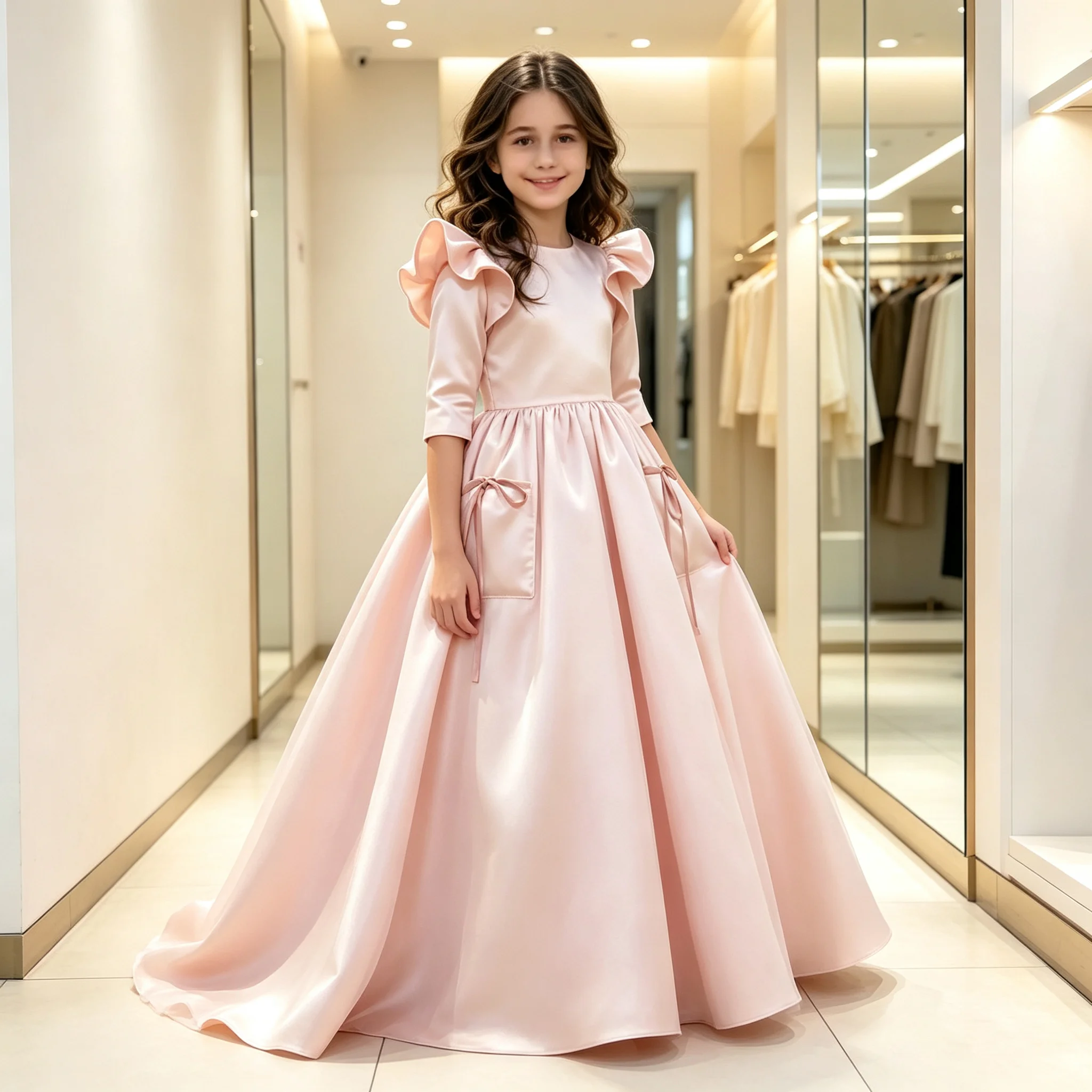 Mädchenkleid Rosa Satin Halbarm Klassisches A-Linien Blumenmädchenkleid für Hochzeit Geburtstag Erstkommunion Abendball Großhandel – Detail 3