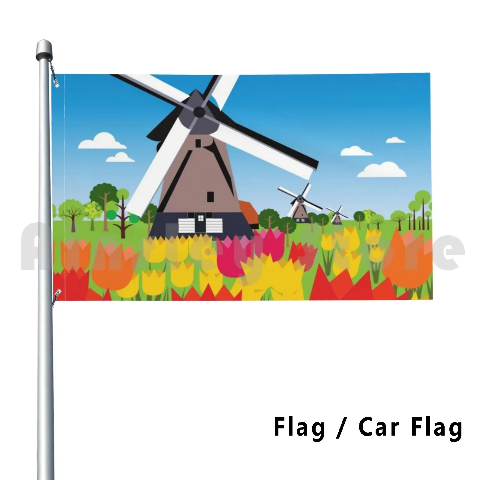 Flag Car Flag Dutch Landscape 2796 Dutch Landscape Windmill Flour Tulips Water Fields
