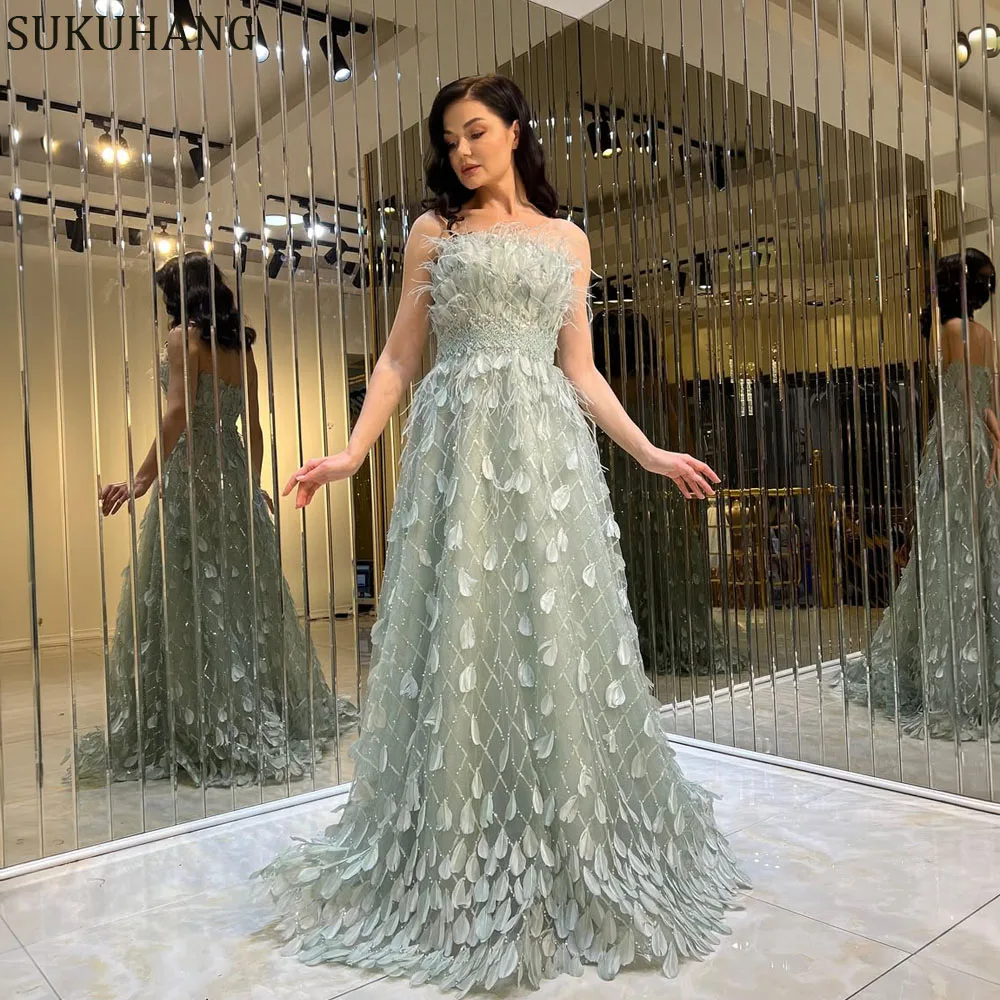 

SUKUHANG Elegant Strapless Feather A-Line Evening Dresses Luxury Long Women Party Dresses Dubai Customized