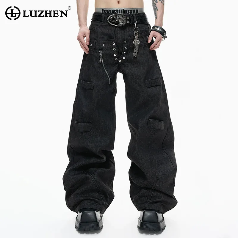 LUZHEN 2026 New Original Zipper Decorate Double Waist Design Buttoned Loose Straight Jeans Men Fashion Street Denim Pants JY6290