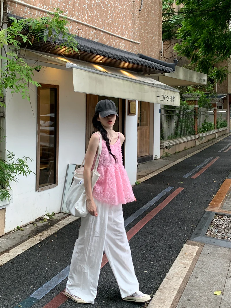 

Kumikumi Gentle Wind Set Pink Anti-Aging Strap Vest Women Summer Loose Match All Wide Leg Pants Two-Piece Set Fashionable Ens...