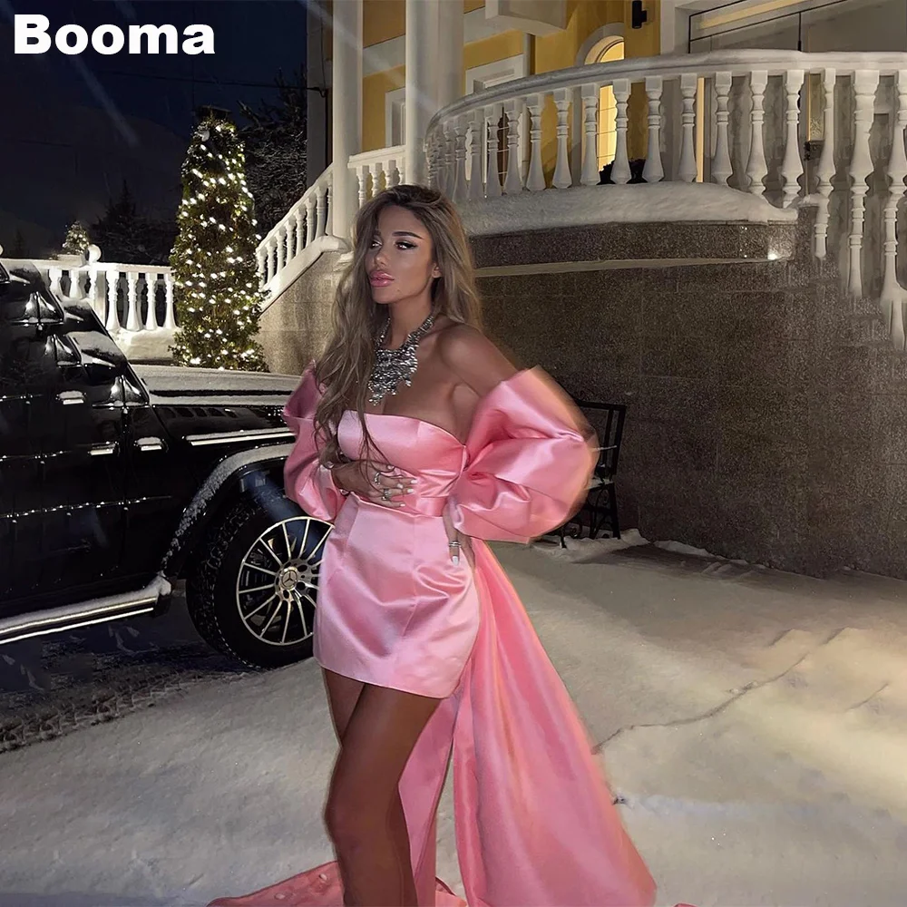 Booma Pink Mermaid Cocktail Dresses Strapless Off Shoulder Satin Mini Prom Dress for Women Special Party Gowns Customized