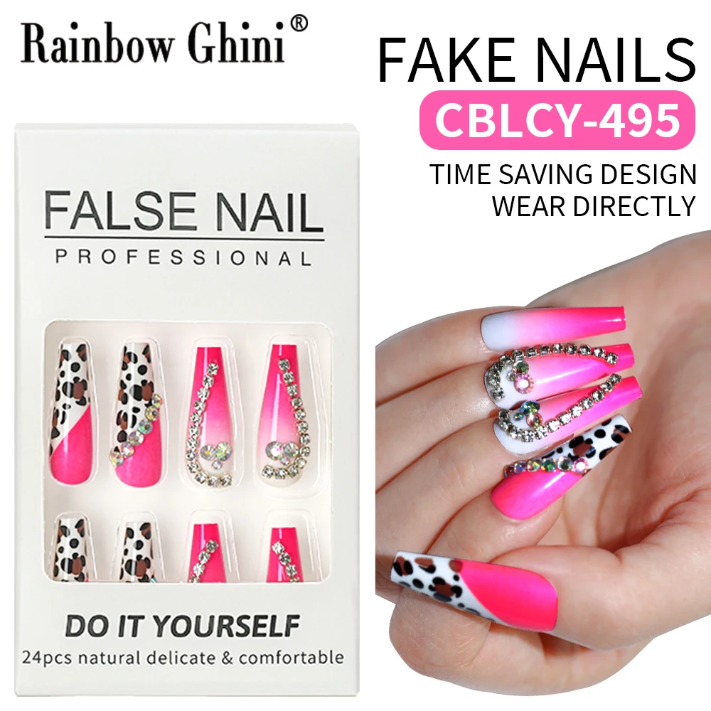 24 SZT./Lot Naklejane Ozdoby z Cyrkoniami Różowe Długie Paznokcie do Dekoracji dla Paznokci w Kształcie Migdała Uroczy Design Y2K Akcesoria do Paznokci