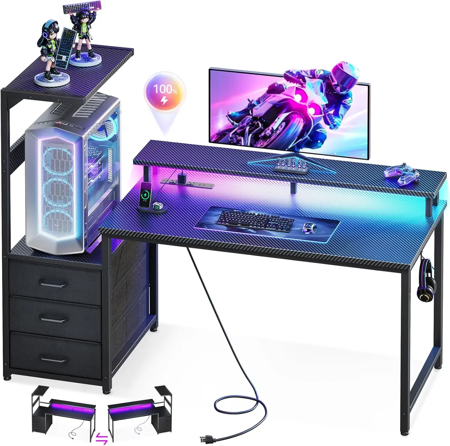 52 Inch Gaming Desk with USB Ports & LED Light, Reversible Design, 3 Drawers, Monitor Stand, Black