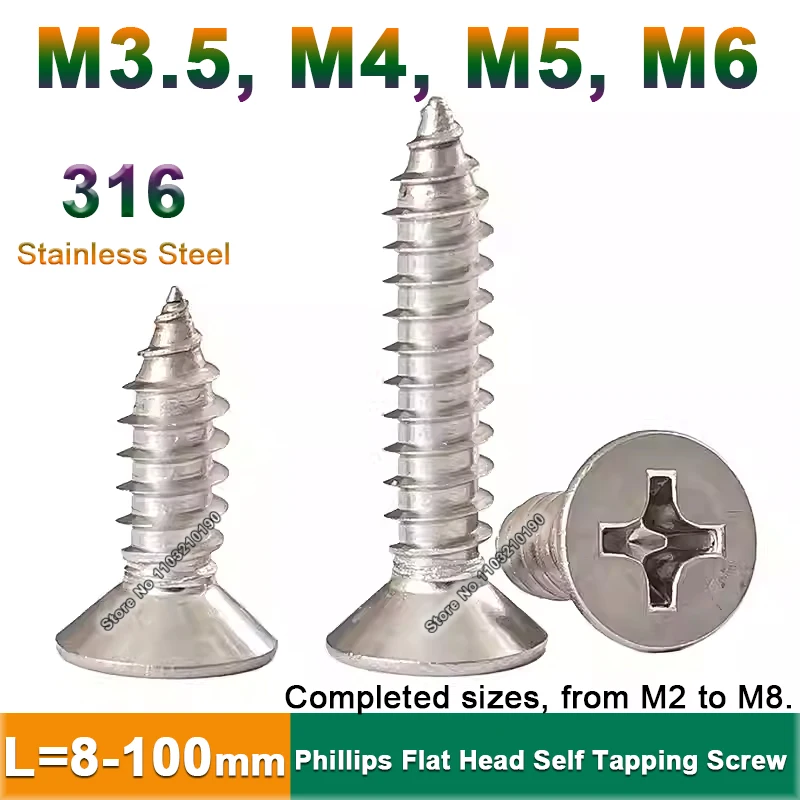 

10-50Pcs M3.5 M4 M5 M6 316 Stainless Steel Cross Recessed Phillips Countersunk Flat Head Self-tapping Screw Wood Screw L=8-100mm