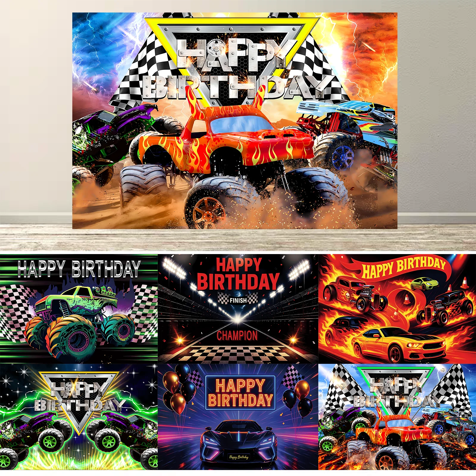 

Monster Truck Backdrop Photography Happy Birthday Party Supplies Jam Burning Flame Car Grave Digger Boys Background Banner Props