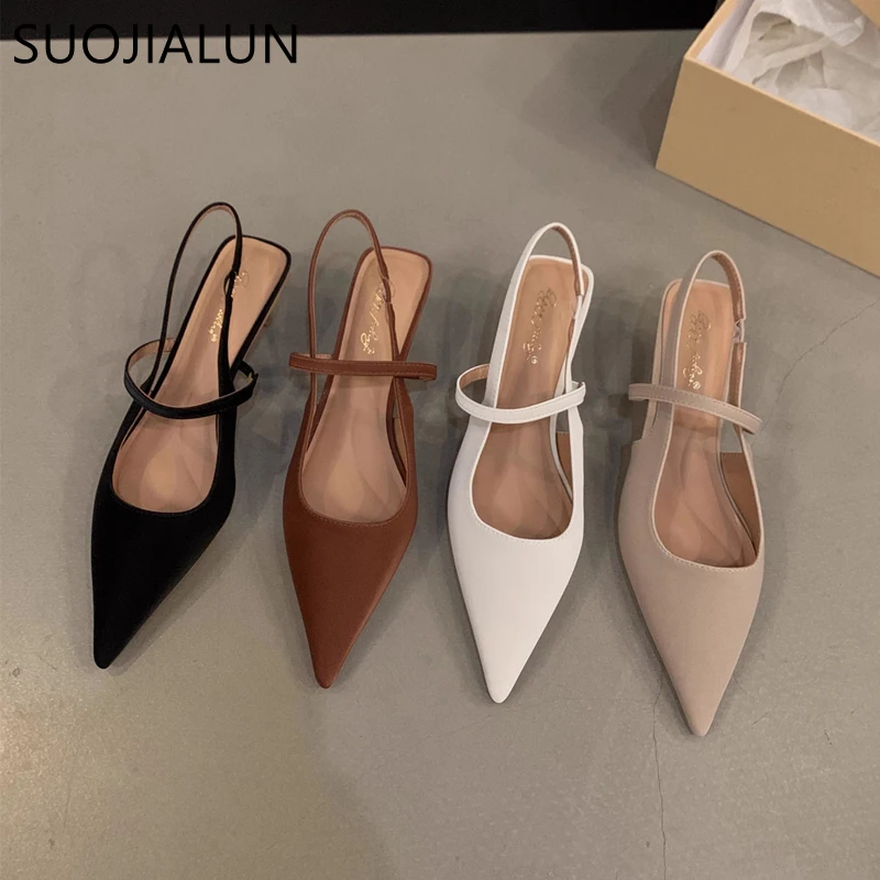 SUOJIALUN 2024 Spring New Brand Women Sandal Fashion Pointed Toe Shallow Slip On Slingback Shoes Thin Med Heel Outdoor Dress Mu