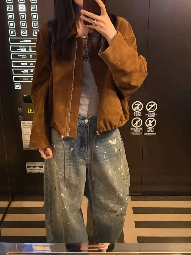 Damska kurtka z prawdziwej skóry w kształcie pąka kwiatu, modna, dziecięca, zamszowa, ze sznurkiem, krótki płaszcz w stylu streetwear, swobodna, Casaco Feminino