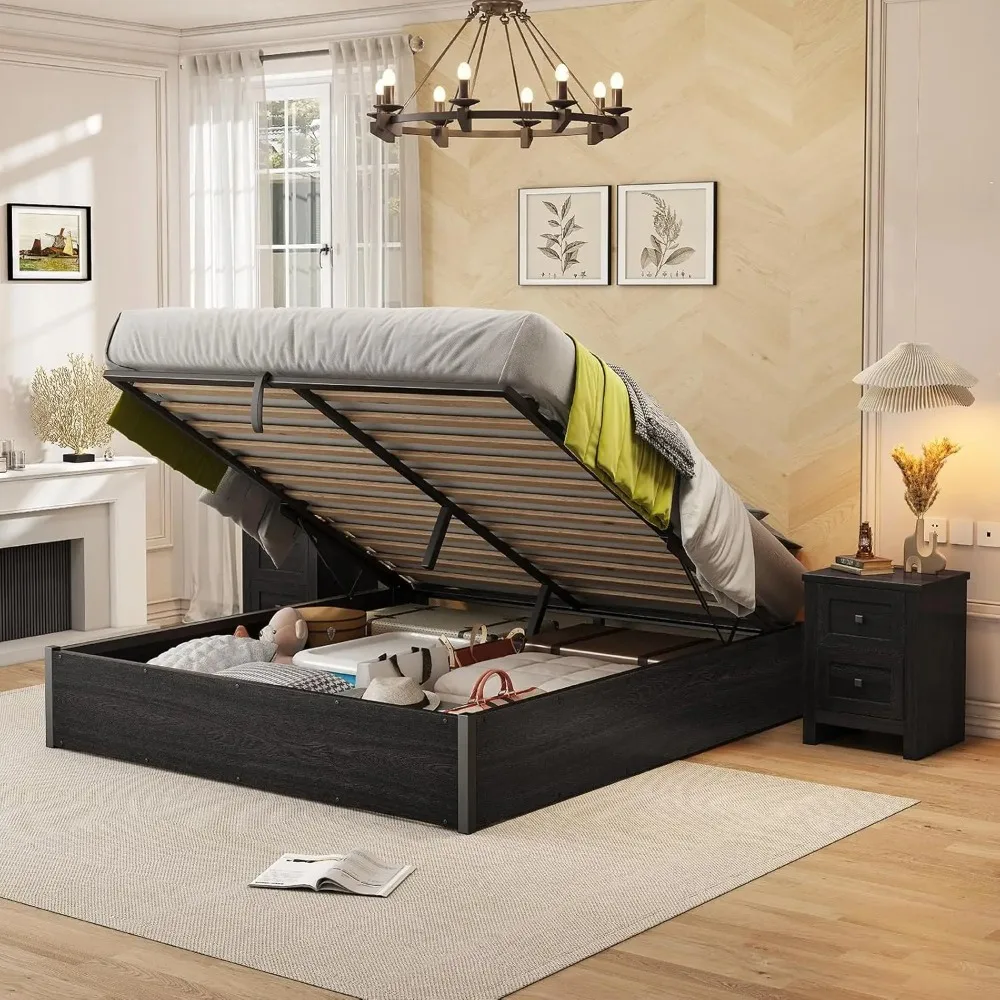 

Lift Up Storage Bed, Queen Bed Frame with Storage Underneath, Wooden Platform Bed Frame, Solid Wood Slats Support, No F