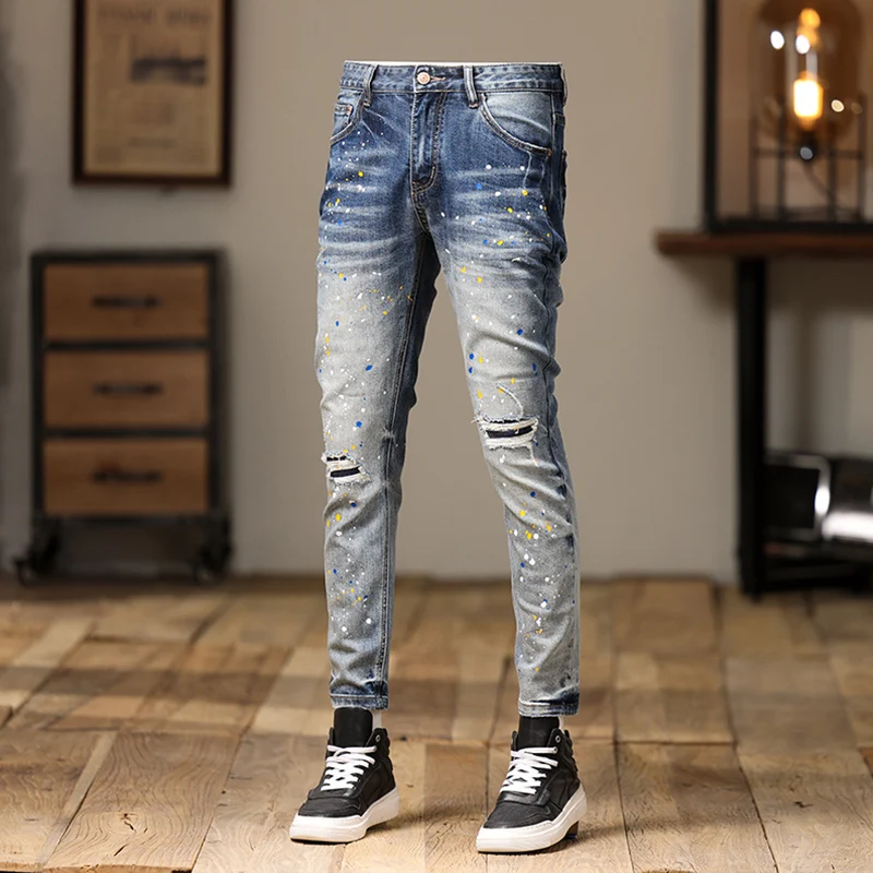 High Street Fashion Men Jeans Retro Light Blue Stretch Skinny Fit Ripped Jeans Men Painted Designer Patched Hip Hop Denim Pants