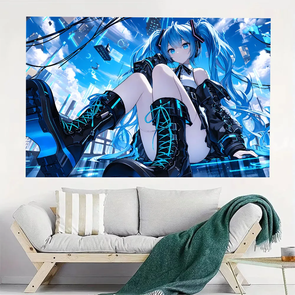 Anime Tapestry Cyberpunk Futuristic City Wall Hanging Aesthetic Bedroom Dorm Room Decor Background Cloth Vocaloid Otaku Home Art