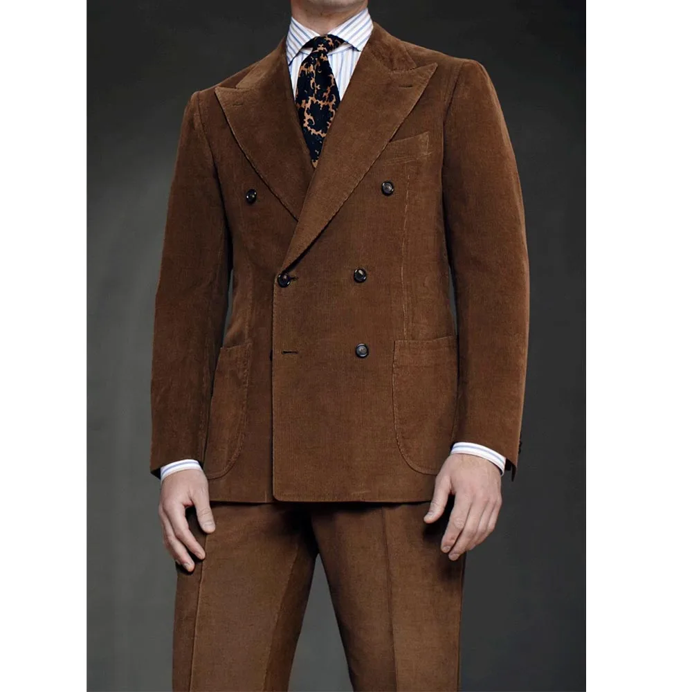 

Men's Corduroy Suit Two Piece Set Double Breasted Peak Lapel Slim Fit Comfortable Stylish Elegant Business Suit Casual Blazer an