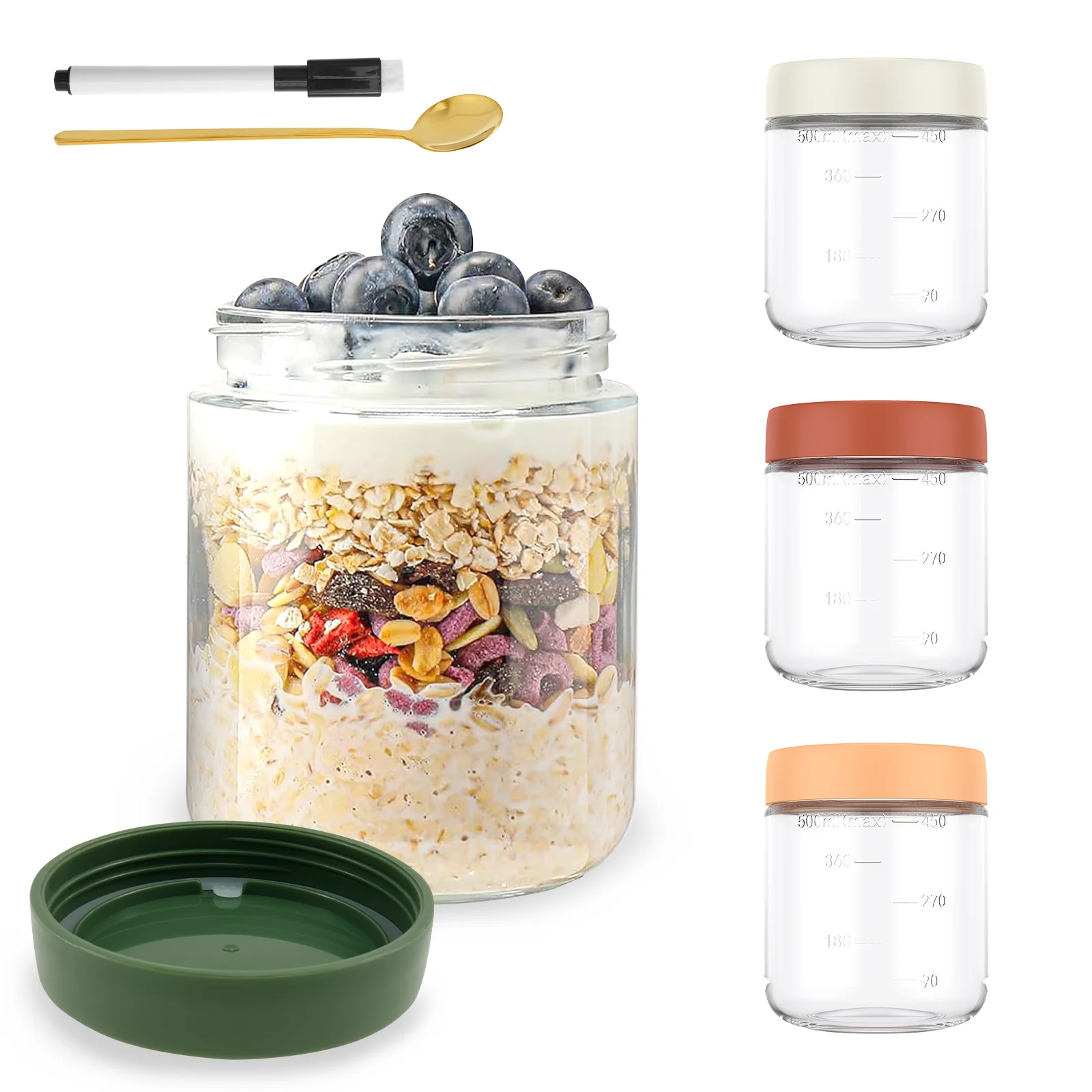 

4 500ml transparent glass oat jars with sealed plastic lids, stackable containers for storing yogurt pudding jam