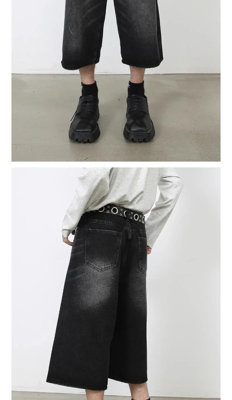 Chic Men's Baggy Denim Shorts American Casual Minimalist Vintage Wash Wide Leg High End Streetwear Knee Length Pants
