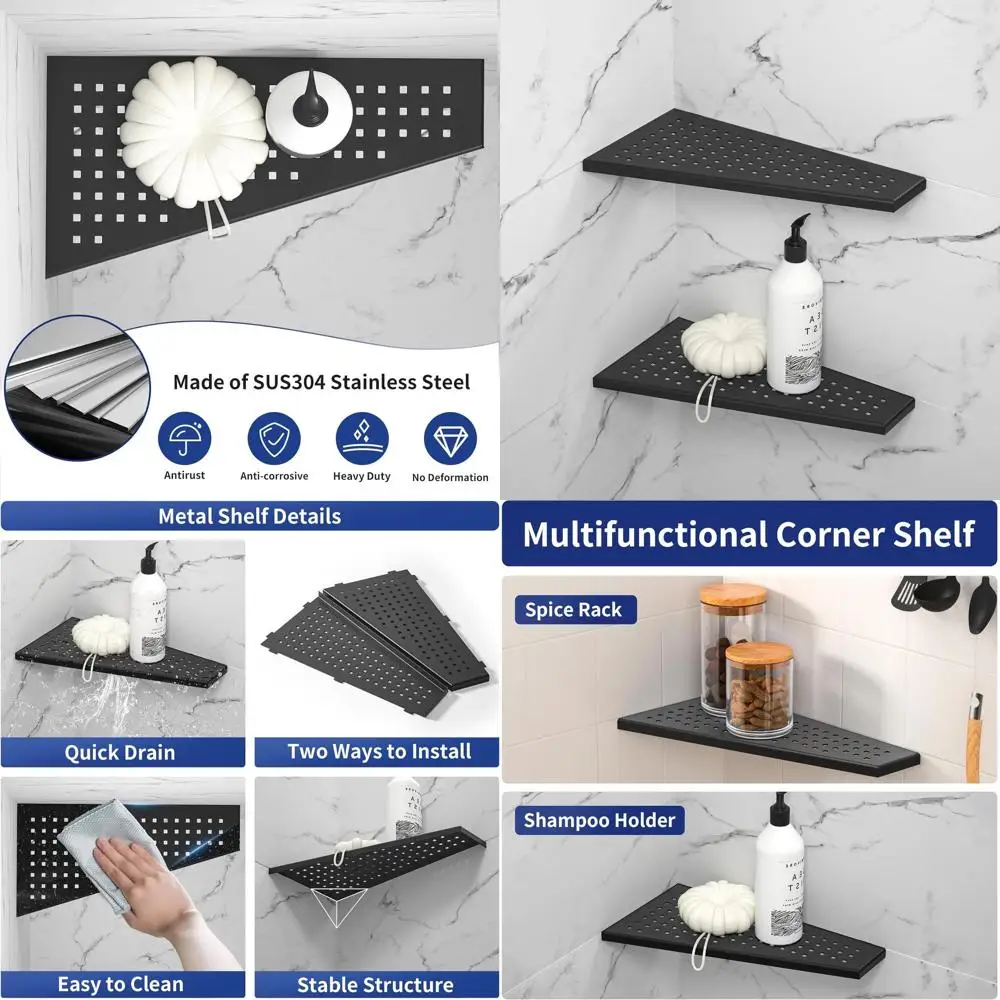 

Матовая черная трапециевидная полка для душа из нержавеющей стали 304 с перфорированным дизайном для встраивания в ванную или для установки на плитку