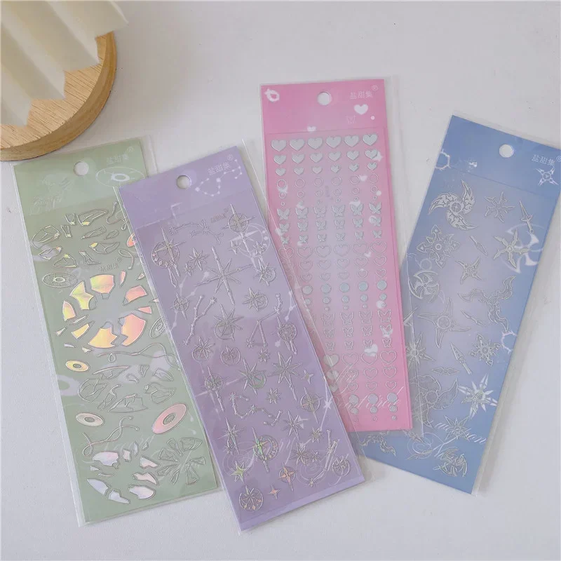 1 Pcs Stereo Laser Silver Star Heart Multi Element Sticky Sticker Diary Journaling Album Scrapbooking Decor Handbook Material