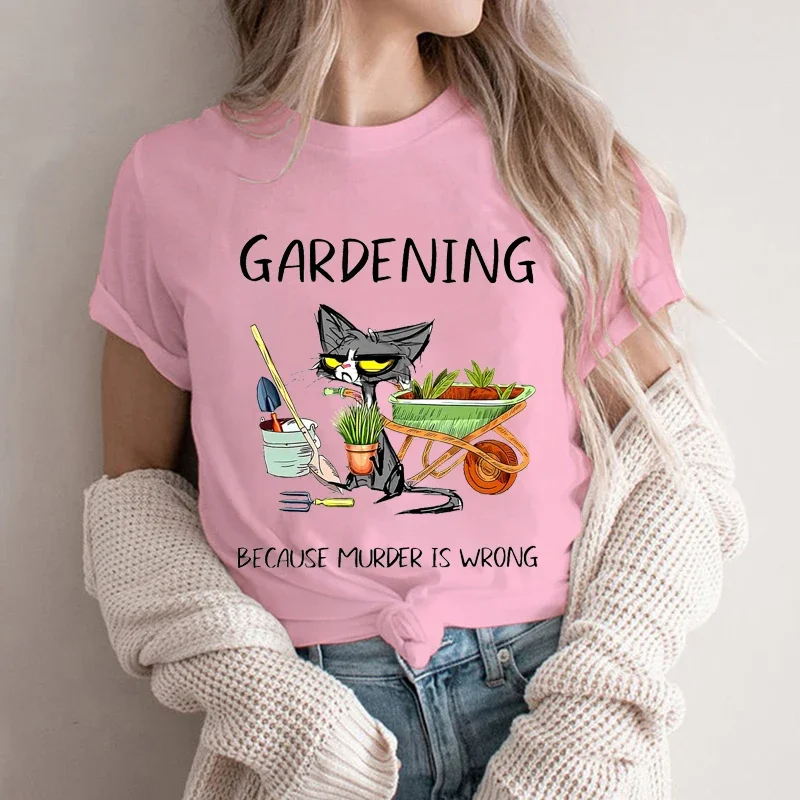 Women\'s T-shirts Gardening Because Murder Is Wrong Shirt Black Cat Tshirts Funny Cat Tees Gardening Lover Shirts Sarcastic Tees