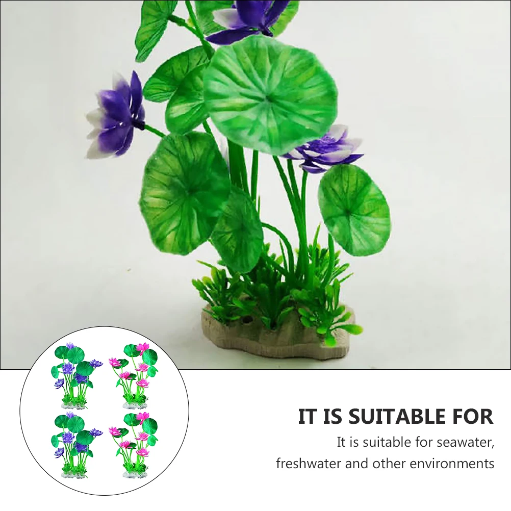 

4pcs Resin Aquarium Ornament Fish Tank Landscaping Plants Aquarium Lotus Flower Artificial Flower For Home Office (Pink Purple)