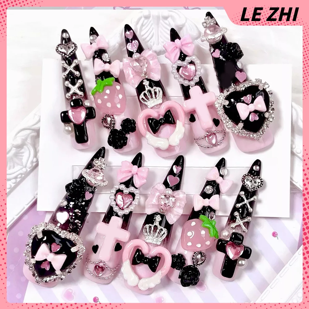 Cartoon Stiletto Cute Rabbit Press On Nails Art Stickers Retro Y2K Strawberry Wings Love Cat Paws Manicure Diamond Fake Nails view 2