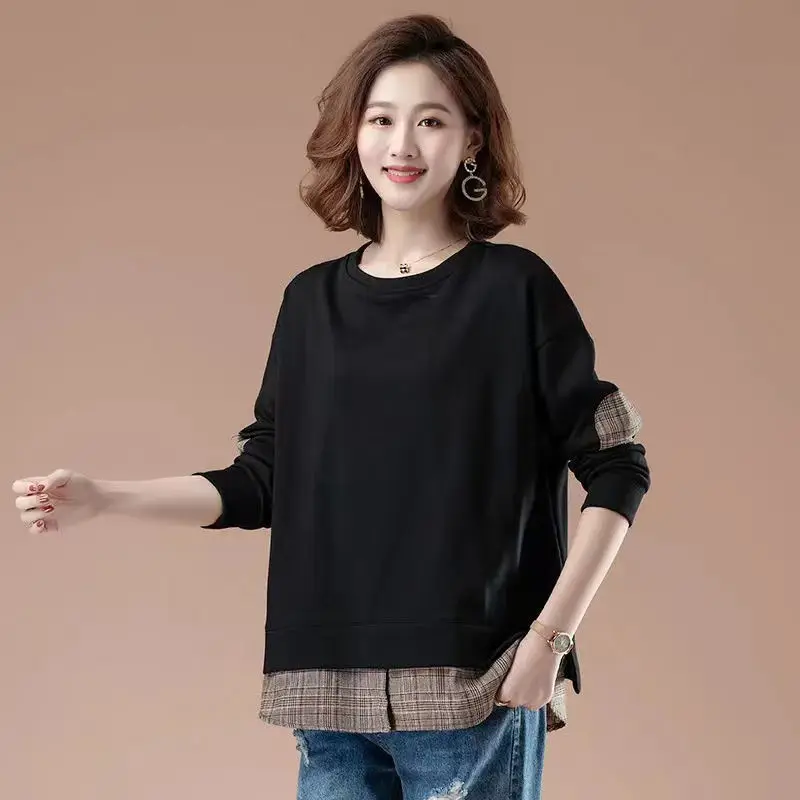 Fashion Spliced Plaid Fake Two Piece Plaid Sweatshirts Female Clothing 2023 Autumn New Oversized Casual Tops Commute Sweater
