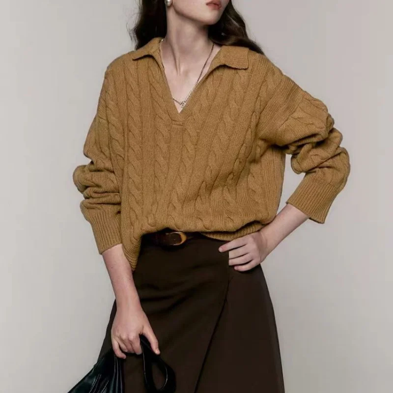 

Autumn and winter French retro crochet V-neck pure cashmere knitted sweater women's thick cashmere undershirt polo neck