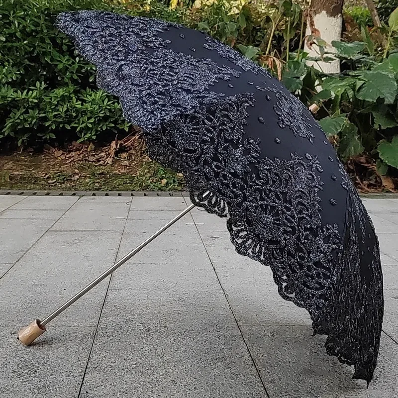 Luxury Golden Lace Embroidered Sun Umbrella, Black Coating Double-layer  Anti UV Protection, Rain And Sunny Dual-use Umbrellas