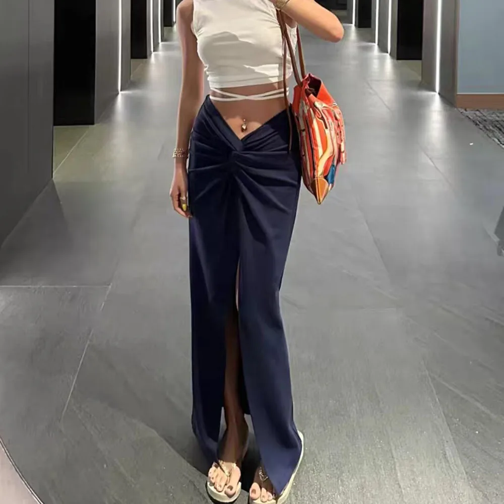 2024 Spring Summer Women\'s New Instagram Style Versatile Fashion Casual Solid Split Twisted Skirt