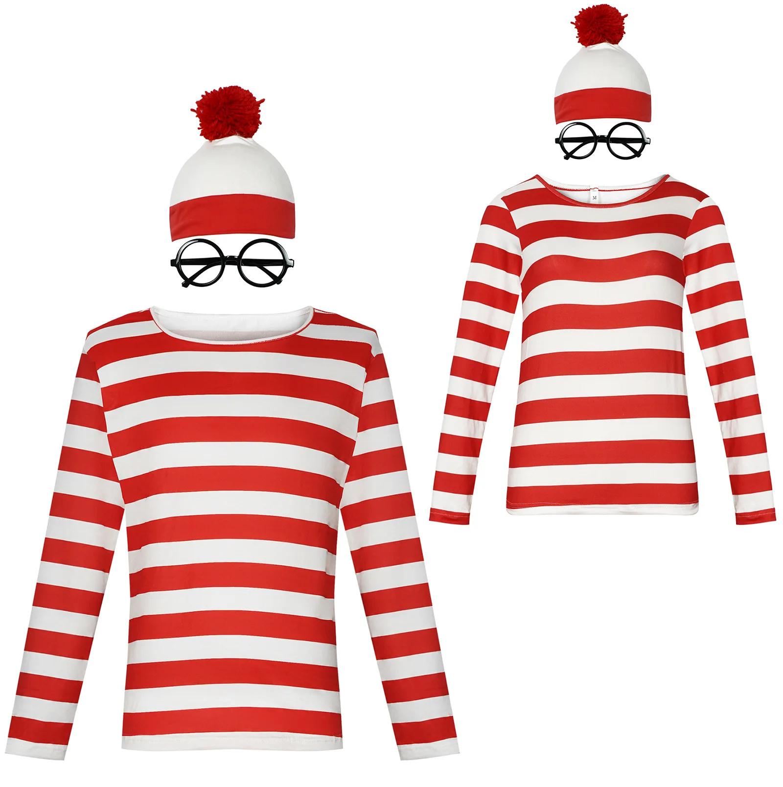 

Cartoon Where is Wally Waldo Cosplay Costume Outfit Stripe Shirt Hat Glasses Halloween Christmas Outfit