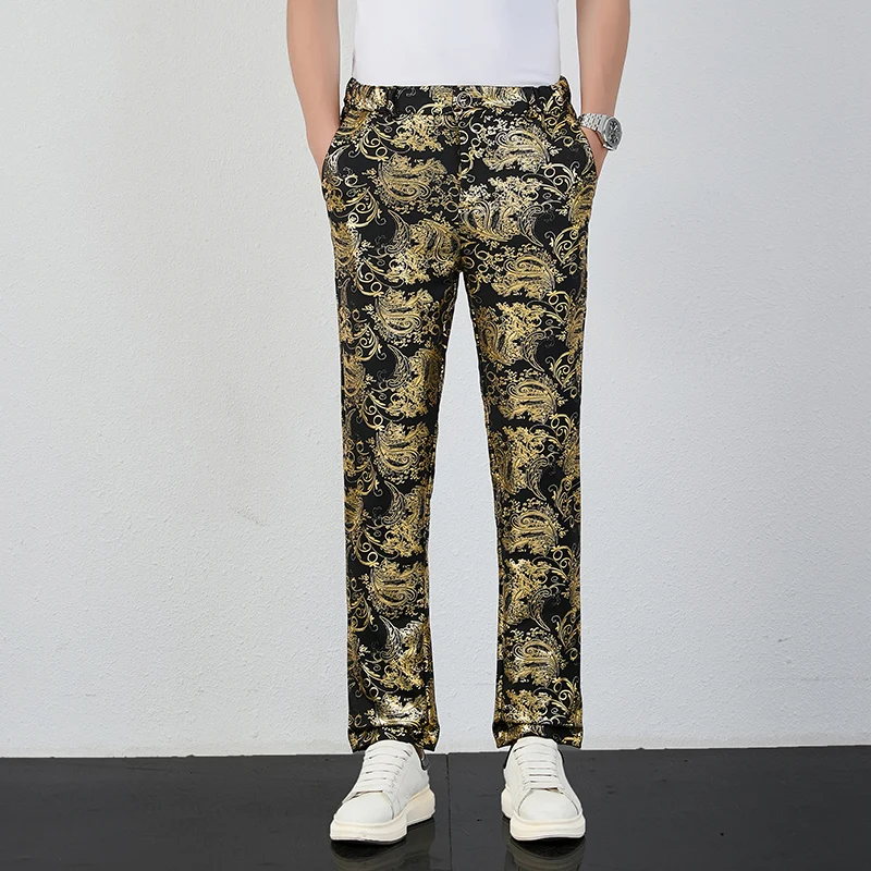 New Men's Hot Stamping Golden Printed Suit Pants Slim Fit Clothing Mens Wedding Dance Party Luxurious Dress Thin Trousers