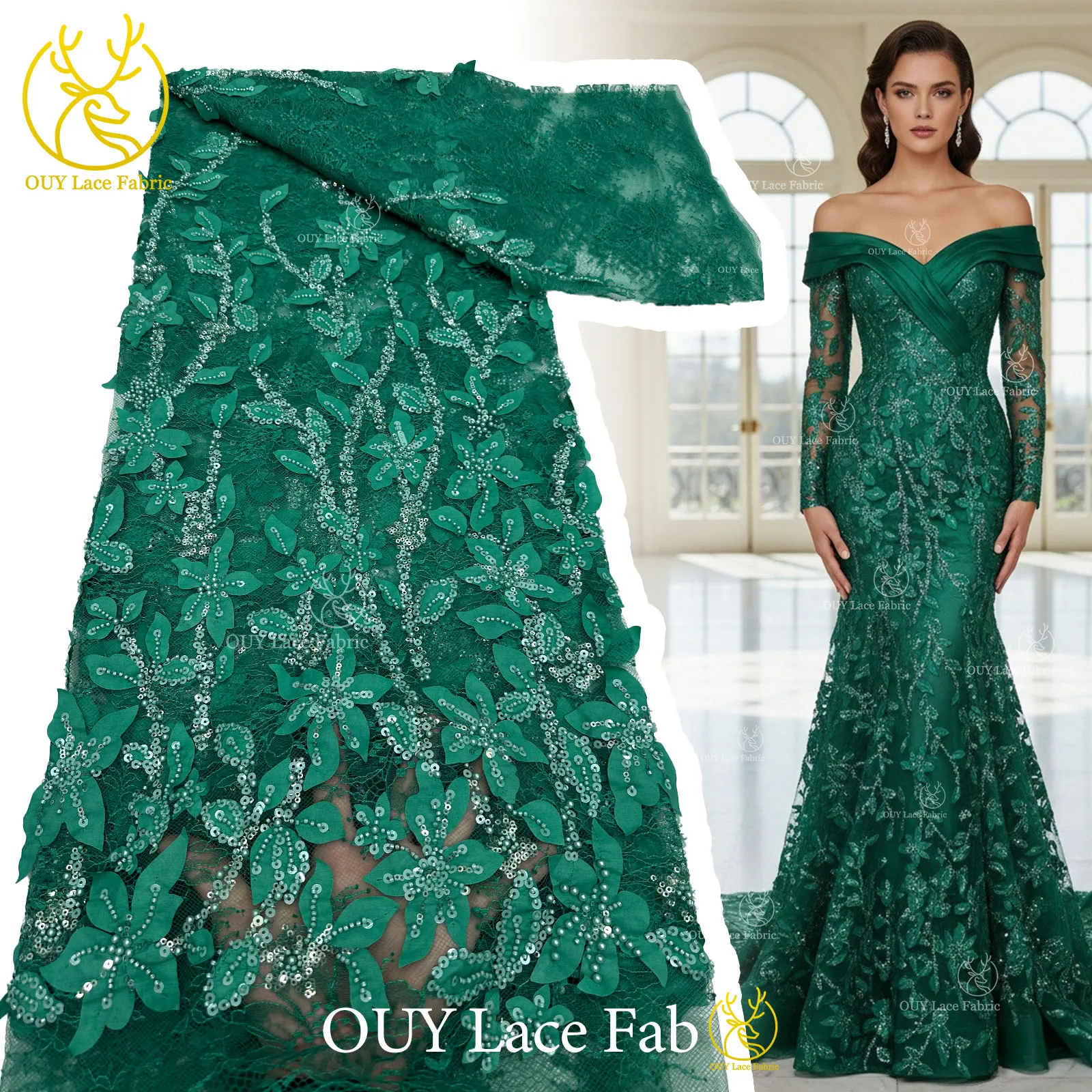 

3D-ткань из зеленого африканского кружева ручной работы с бисером и пайетками, высококачественная нигерийская, для роскошных свадебных и праздничных платьев, 5 ярдов